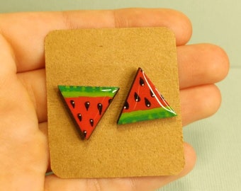 Watermelon Resin Earrings - Handpainted Wooden Studs - Custom Jewelry