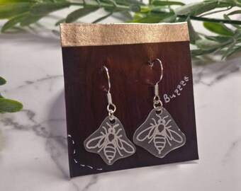 Bee Lineart Sterling Silver Dangle Earrings, Recycled Plastic Resin Coated