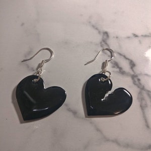 Black Hearts Dangle Earrings, 925 Sterling Silver, Recycled Plastic Jewelry