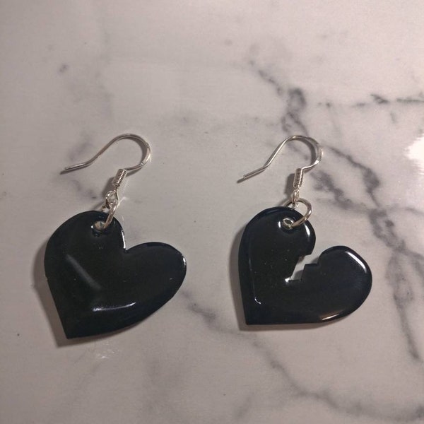 Black Hearts Dangle Earrings, 925 Sterling Silver, Recycled Plastic Jewelry