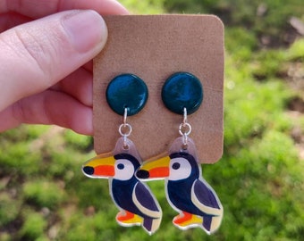 Toucan Dangly Stud Earrings, Hypoallergenic Surgical Steel Studs, Resin Bird