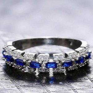 Round & Baguette Cut Diamond Half Eternity Band, White And Blue Sapphire Diamond Band, Women Wedding Band, Unique Anniversary Band