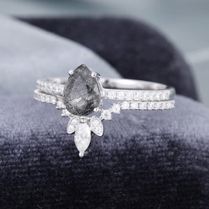 1.80Ct Salt And Pepper Pear Cut Diamond Engagement Ring Set, Salt And Peppr Wedding Bridal Set Ring, For Her