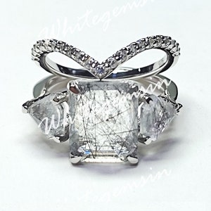 2.65Ct Bridal Promise Ring Set, Emerald Wedding Bridal Ring Set, Matching Ring band, Three Stone Salt And Pepper Ring, For Women's