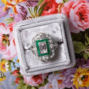 1920s Vintage Double Halo Ring, Art Deco Wedding Ring, 2.35Ct White Emerald Diamond Bezel Set Engagement Ring