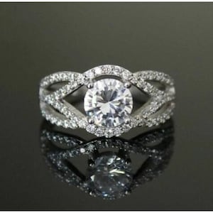 Round Cut Diamond Solitaire With Accent Ring, Unique Criss Cross Wedding Ring, Split Shank Bridal Ring, Gift For Her