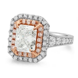 Two-Tone Double Halo Ring, 2.45Ct White Radiant Diamond Wedding Halo Ring, Tow Tone Anniversary Ring, In 925 Sterling Silver