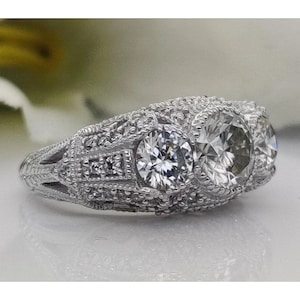 1920s Vintage Engagement Ring, Unique Milgrain Set Ring, Three Stone Round Diamond Wedding Ring, Antique Shank Ring