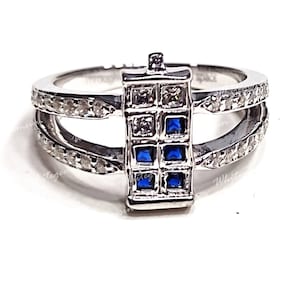 Doctor Who Inspired Tardis Engagement Ring, Doctor Anniversary Ring For Her, Princess Sapphire & White Diamond Ring