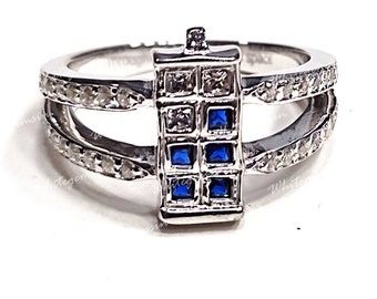 Doctor Who Inspired Tardis Engagement Ring, Doctor Anniversary Ring For Her, Princess Sapphire & White Diamond Ring