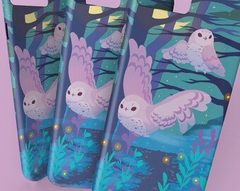 Funda para teléfono Nite Owls / Funda para iPhone Mystical Pink Owl / Funda para teléfono con diseño de animales del bosque extravagantes / Diseño nocturno inspirado en la naturaleza
