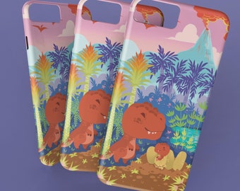 Cute Dinosaur Phone Case - Kawaii T-Rex with Baby Dino - Colorful Cartoon Design for iPhone, Samsung Galaxy, and Google Pixel