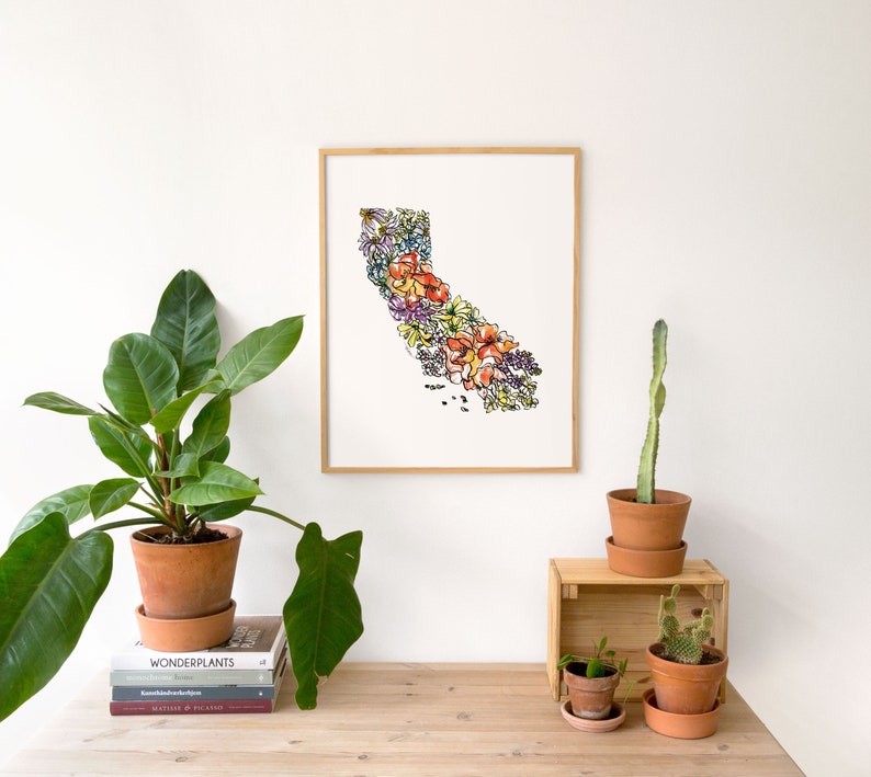 CALIFORNIA Flowers State Art Print Fine Art Floral Map Poster Wall Art Unique Housewarming Military California Christmas Gift image 4