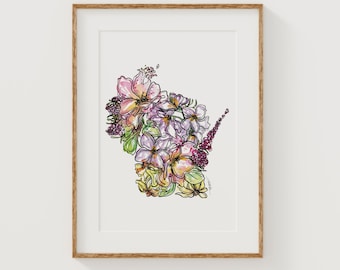 May include: A framed watercolor print featuring a floral arrangement in the shape of the state of Wisconsin. The flowers are in shades of pink, purple, yellow, and green, with black outline details. The frame is a light brown color.