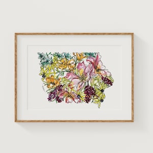 IOWA Wildflowers Fine Art Print | Botanical Map | State Floral Home Decor | Canvas or Giclee Framed Wall Art