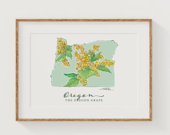 OREGON Grape State Flower Fine Art Print | Botanical Map | State Floral Home Decor | Canvas or Giclee Framed Wall Art