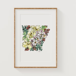 Lámina artística de flores silvestres de Arkansas / Mapa botánico / Decoración floral estatal para el hogar / Lienzo o impresión giclée para pared