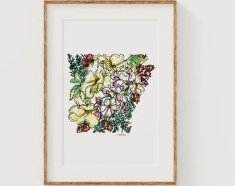 ARKANSAS Wildflowers Fine Art Print | Botanical Map | State Floral Home Decor | Canvas or Giclee Framed Wall Art