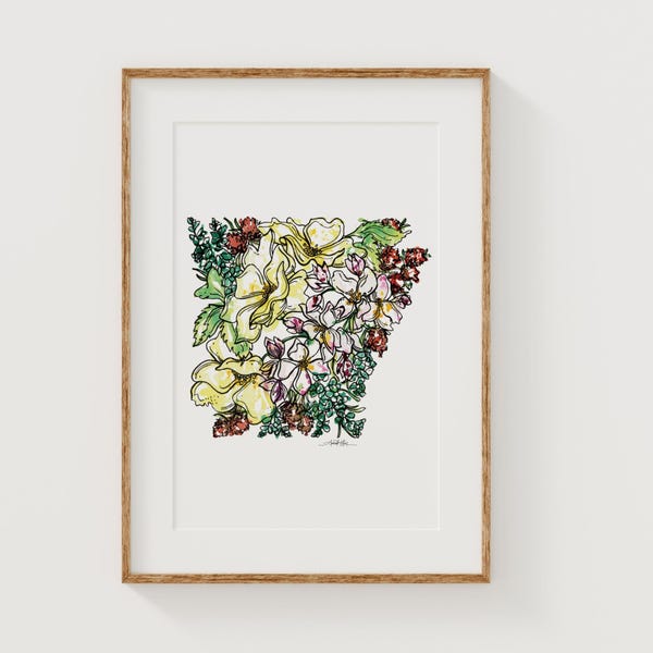 ARKANSAS Wildflowers Fine Art Print | Botanical Map | State Floral Home Decor | Canvas or Giclee Framed Wall Art