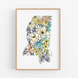 MISSISSIPPI Flowers State Art Print Fine Art Floral Map Poster Wall Art Unique Housewarming Military Gift Christmas Gift