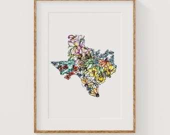 TEXAS Wildflowers Fine Art Print | Botanical Map | State Floral Home Decor | Canvas or Giclee Framed Wall Art