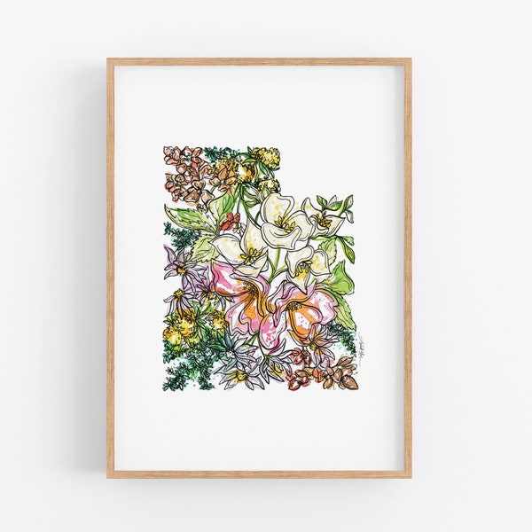 UTAH Flowers State Art Print Fine Art Floral Map Poster Wall Art Unique Housewarming Military Gift Christmas Gift