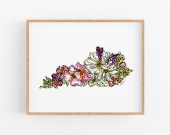 KENTUCKY Flowers State Art Print Fine Art Floral Map Poster Wall Art Unique Housewarming Military Gift Christmas Gift