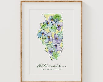 ILLINOIS Blue Violet State Flower Fine Art Print | Botanical Map | State Floral Home Decor | Canvas or Giclee Framed Wall Art