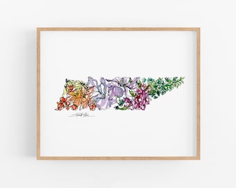 TENNESSEE Wildflowers State Art Print Fine Art Floral Map Poster Wall Art Unique Housewarming Military Gift Christmas Gift