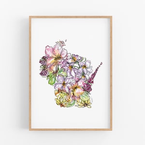 WISCONSIN Wildflowers State Art Print Fine Art Floral Map Poster Wall Art Unique Housewarming Military Gift Christmas Gift