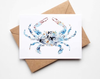 Blue Crab Note Card Set watercolor coastal for him her Christmas housewarming birthday beach