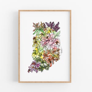 INDIANA Wildflowers State Art Print Fine Art Floral Map Poster Wall Art Unique Housewarming Military Gift Christmas Gift