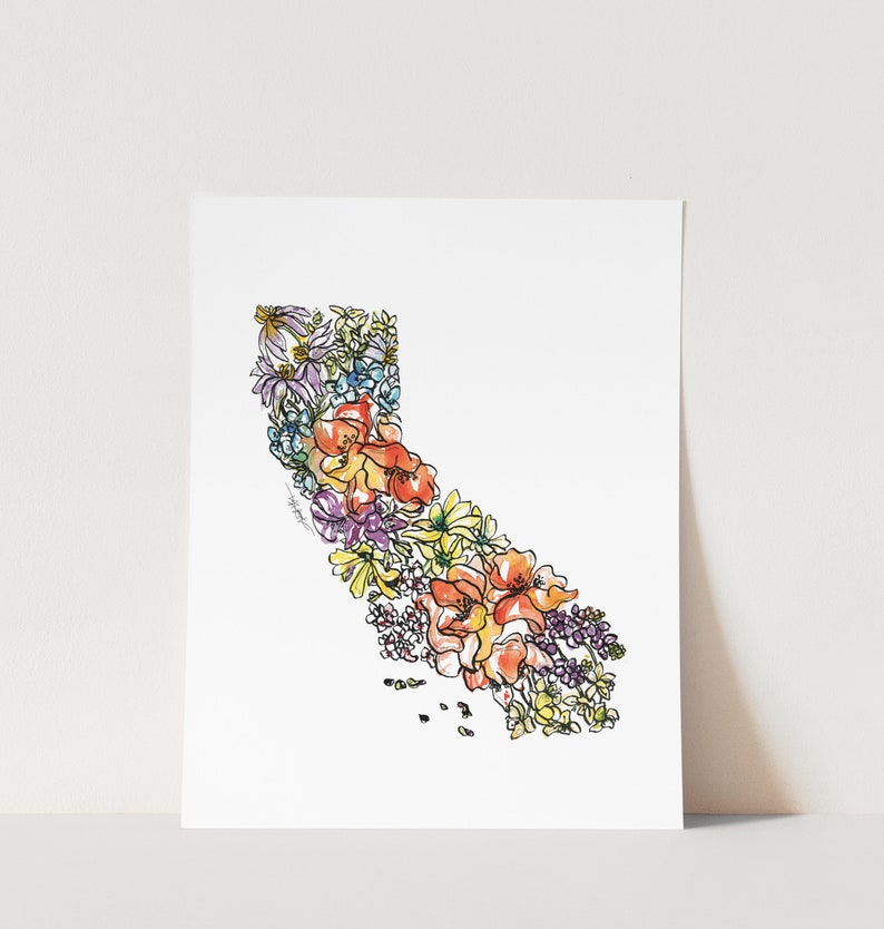 CALIFORNIA Flowers State Art Print Fine Art Floral Map Poster Wall Art Unique Housewarming Military California Christmas Gift image 2