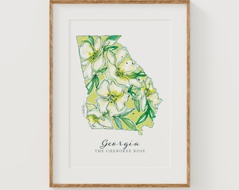 GEORGIA Cherokee Rose State Flower Fine Art Print | Botanical Map | State Floral Home Decor | Canvas or Giclee Framed Wall Art