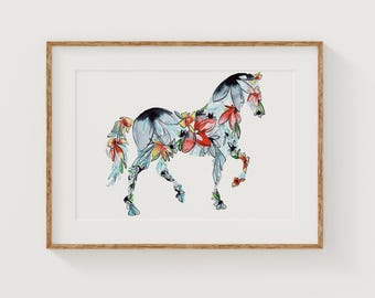 HORSE Fine Art Print | Floral Home Decor | Canvas or Giclee Framed Wall Art