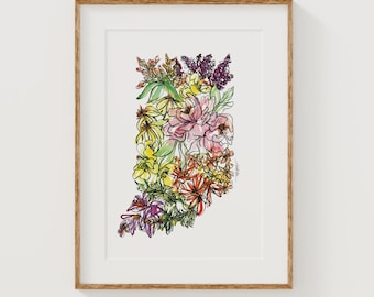 INDIANA Wildflowers Fine Art Print | Botanical Map | State Floral Home Decor | Canvas or Giclee Framed Wall Art