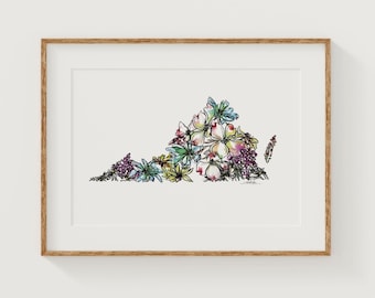 VIRGINIA Wildflowers Fine Art Print | Botanical Map | State Floral Home Decor | Canvas or Giclee Framed Wall Art