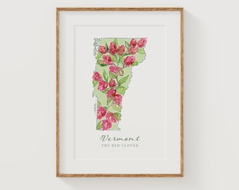 VERMONT Red Clover State Flower Fine Art Print | Botanical Map | State Floral Home Decor | Canvas or Giclee Framed Wall Art