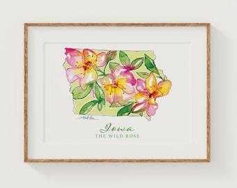IOWA Wild Rose State Flower Fine Art Print | Botanical Map | State Floral Home Decor | Canvas or Giclee Framed Wall Art