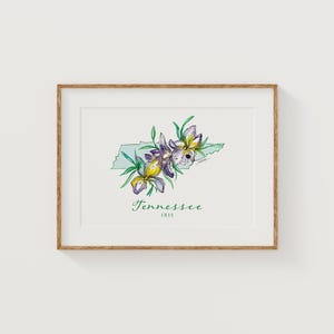 TENNESSEE Iris State Flower Art Print Fine Art Floral Map Poster Wall Art Unique Housewarming Military Christmas Gift