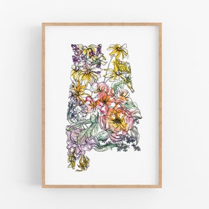 ALABAMA Wildflowers State Art Print Fine Art Floral Map Poster Wall Art Unique Housewarming Military Alabama Christmas Gift