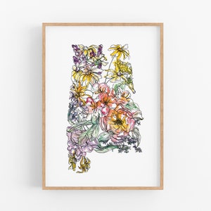 ALABAMA Flowers State Art Print Fine Art Floral Map Poster Wall Art Unique Housewarming Military Alabama Christmas Gift