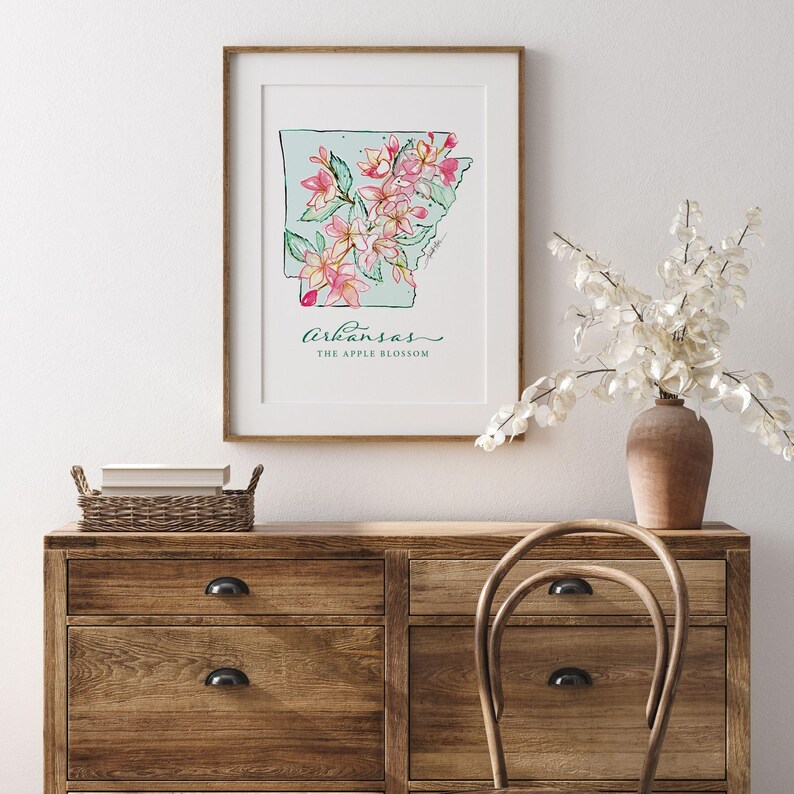 ARKANSAS Apple Blossom State Flower Fine Art Print | Botanical Map ...