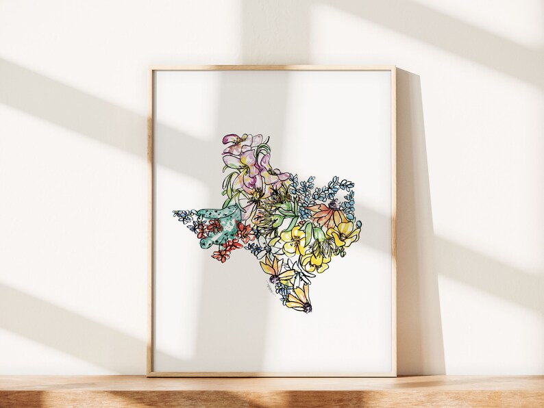 TEXAS Flowers State Art Print Fine Art Floral Map Poster Wall - Etsy