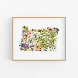 OREGON Flowers State Art Print Fine Art Floral Map Poster Wall Art Unique Housewarming Military Gift Christmas Gift