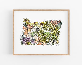 OREGON Flowers State Art Print Fine Art Floral Map Poster Wall Art Unique Housewarming Military Gift Christmas Gift