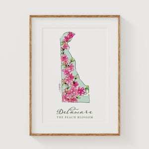 DELAWARE Peach Blossom State Flower Fine Art Print | Botanical Map | State Floral Home Decor | Canvas or Giclee Framed Wall Art