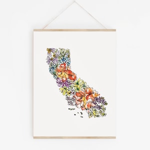 CALIFORNIA Flowers State Art Print Fine Art Floral Map Poster Wall Art Unique Housewarming Military California Christmas Gift image 3