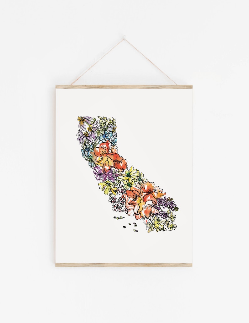 CALIFORNIA Flowers State Art Print Fine Art Floral Map Poster Wall Art Unique Housewarming Military California Christmas Gift image 3