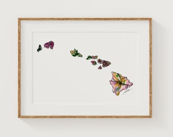 HAWAII Wildflowers Fine Art Print | Botanical Map | State Floral Home Decor | Canvas or Giclee Framed Wall Art
